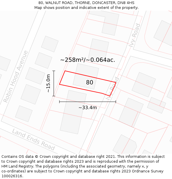 80, WALNUT ROAD, THORNE, DONCASTER, DN8 4HS: Plot and title map