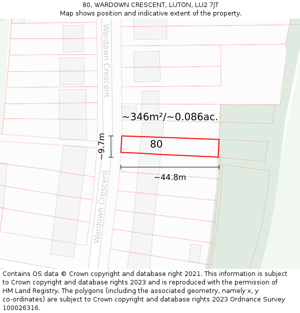 80, WARDOWN CRESCENT, LUTON, LU2 7JT: Plot and title map