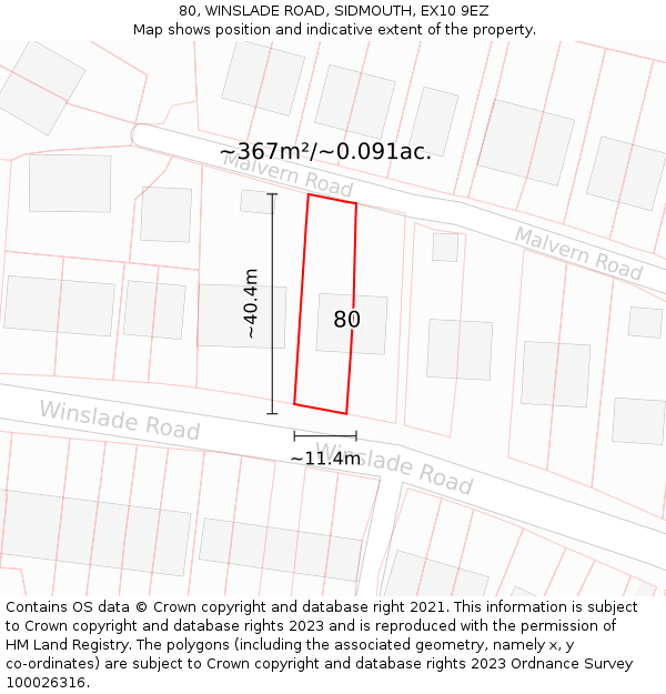 80, WINSLADE ROAD, SIDMOUTH, EX10 9EZ: Plot and title map