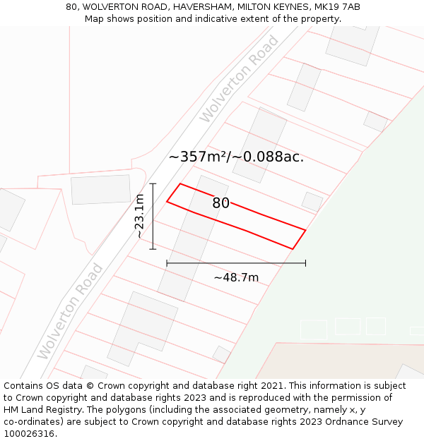 80, WOLVERTON ROAD, HAVERSHAM, MILTON KEYNES, MK19 7AB: Plot and title map