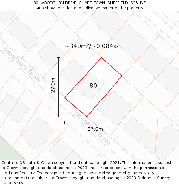 80, WOODBURN DRIVE, CHAPELTOWN, SHEFFIELD, S35 1YS: Plot and title map