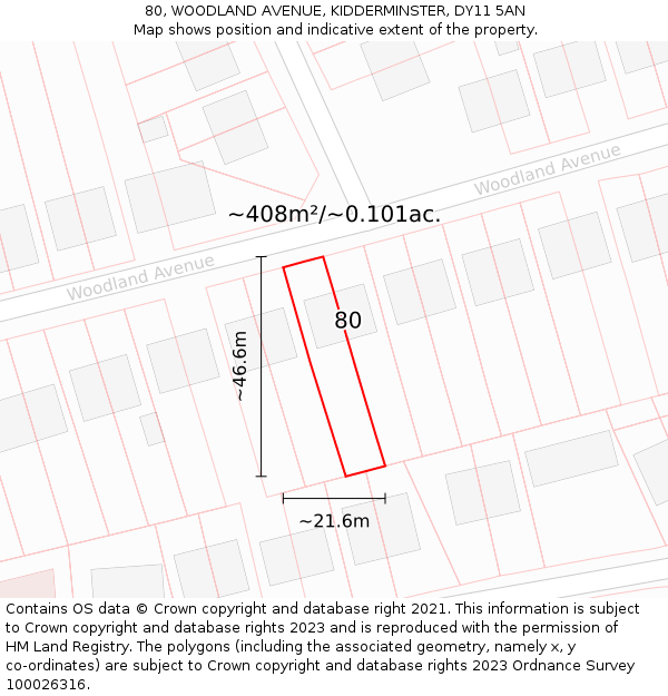 80, WOODLAND AVENUE, KIDDERMINSTER, DY11 5AN: Plot and title map