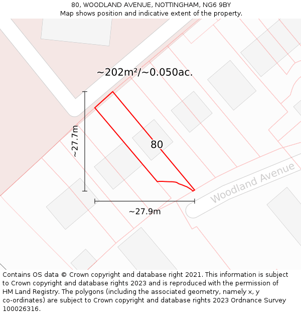 80, WOODLAND AVENUE, NOTTINGHAM, NG6 9BY: Plot and title map