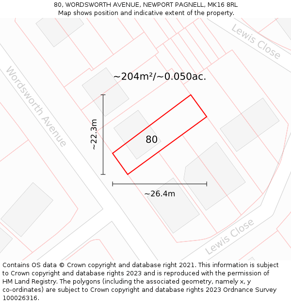 80, WORDSWORTH AVENUE, NEWPORT PAGNELL, MK16 8RL: Plot and title map