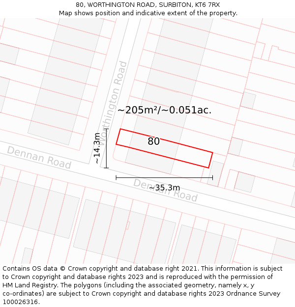 80, WORTHINGTON ROAD, SURBITON, KT6 7RX: Plot and title map