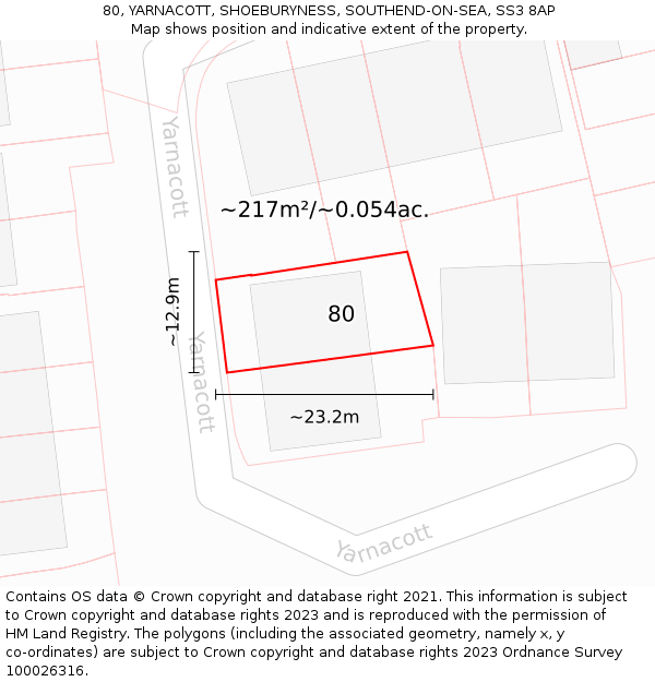 80, YARNACOTT, SHOEBURYNESS, SOUTHEND-ON-SEA, SS3 8AP: Plot and title map