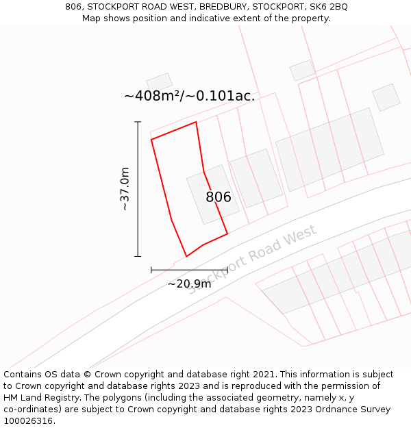 806, STOCKPORT ROAD WEST, BREDBURY, STOCKPORT, SK6 2BQ: Plot and title map
