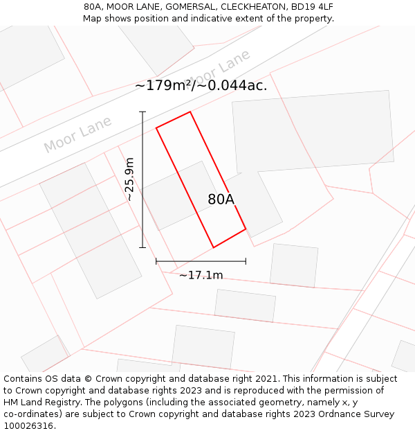 80A, MOOR LANE, GOMERSAL, CLECKHEATON, BD19 4LF: Plot and title map