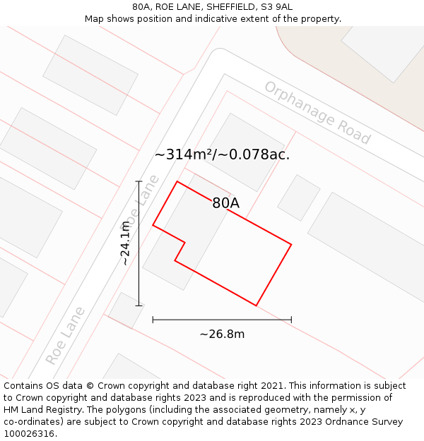 80A, ROE LANE, SHEFFIELD, S3 9AL: Plot and title map