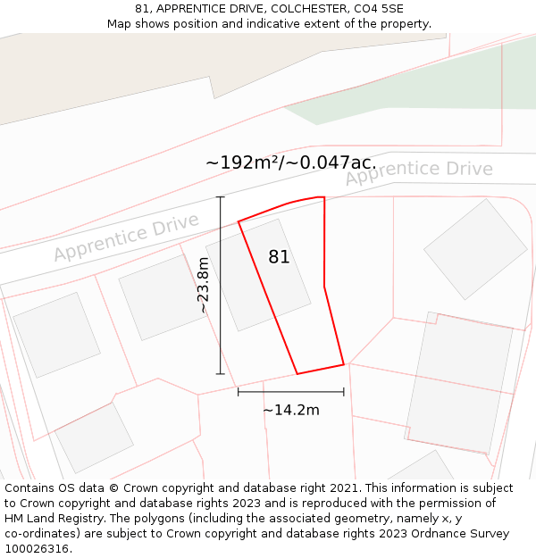 81, APPRENTICE DRIVE, COLCHESTER, CO4 5SE: Plot and title map