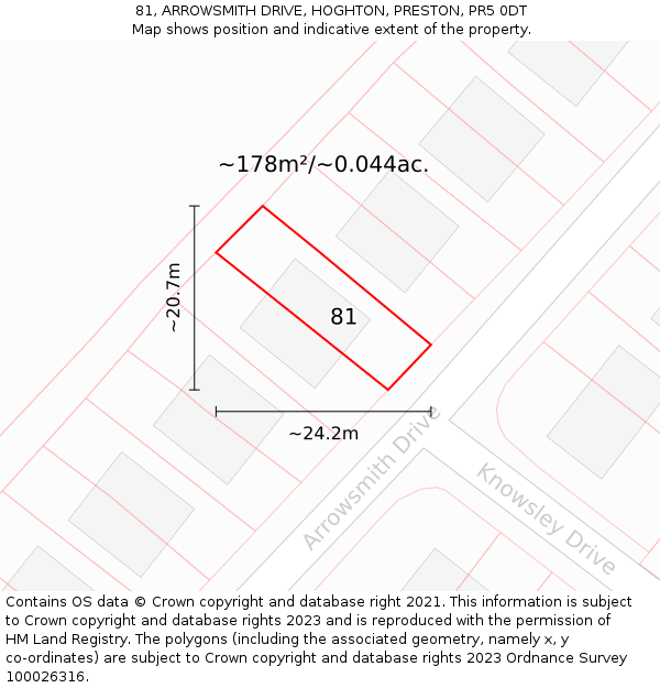 81, ARROWSMITH DRIVE, HOGHTON, PRESTON, PR5 0DT: Plot and title map