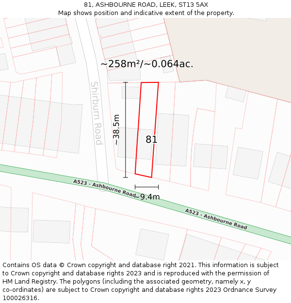 81, ASHBOURNE ROAD, LEEK, ST13 5AX: Plot and title map