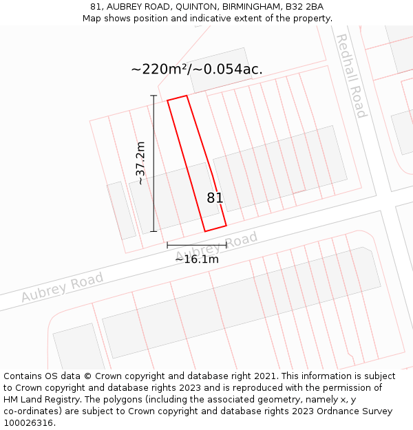 81, AUBREY ROAD, QUINTON, BIRMINGHAM, B32 2BA: Plot and title map