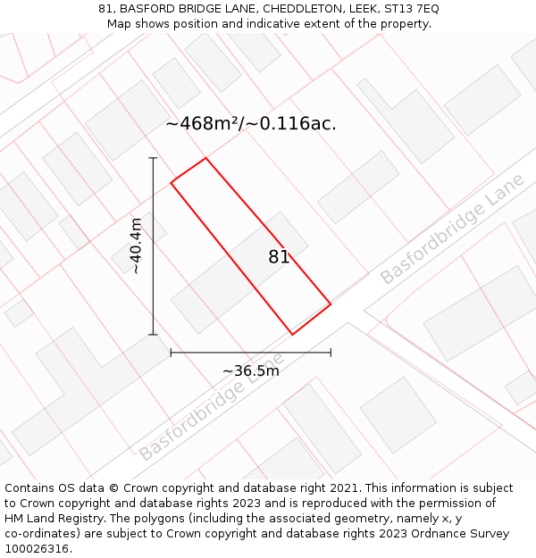 81, BASFORD BRIDGE LANE, CHEDDLETON, LEEK, ST13 7EQ: Plot and title map