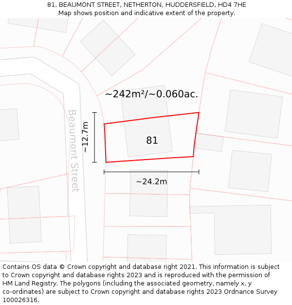 81, BEAUMONT STREET, NETHERTON, HUDDERSFIELD, HD4 7HE: Plot and title map