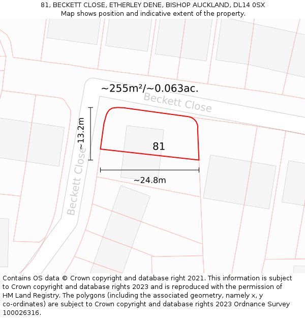 81, BECKETT CLOSE, ETHERLEY DENE, BISHOP AUCKLAND, DL14 0SX: Plot and title map