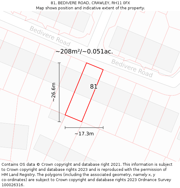 81, BEDIVERE ROAD, CRAWLEY, RH11 0FX: Plot and title map