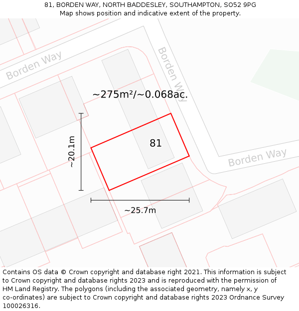 81, BORDEN WAY, NORTH BADDESLEY, SOUTHAMPTON, SO52 9PG: Plot and title map