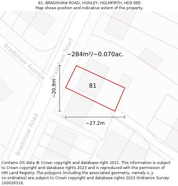 81, BRADSHAW ROAD, HONLEY, HOLMFIRTH, HD9 6EE: Plot and title map