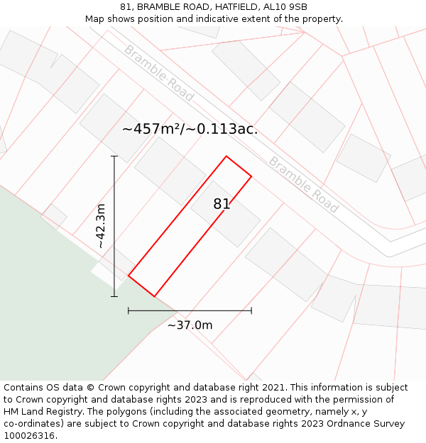 81, BRAMBLE ROAD, HATFIELD, AL10 9SB: Plot and title map