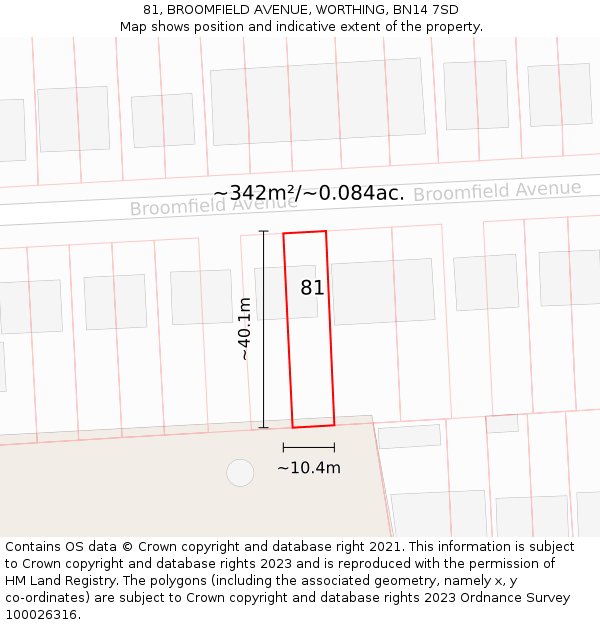 81, BROOMFIELD AVENUE, WORTHING, BN14 7SD: Plot and title map