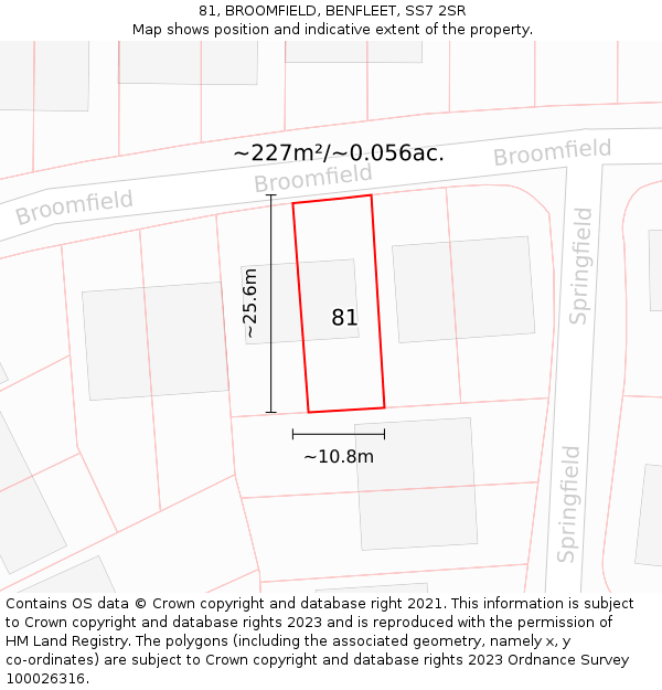 81, BROOMFIELD, BENFLEET, SS7 2SR: Plot and title map
