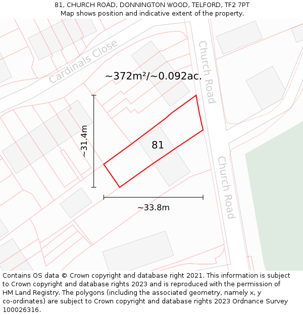 81, CHURCH ROAD, DONNINGTON WOOD, TELFORD, TF2 7PT: Plot and title map