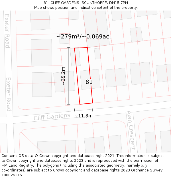 81, CLIFF GARDENS, SCUNTHORPE, DN15 7PH: Plot and title map