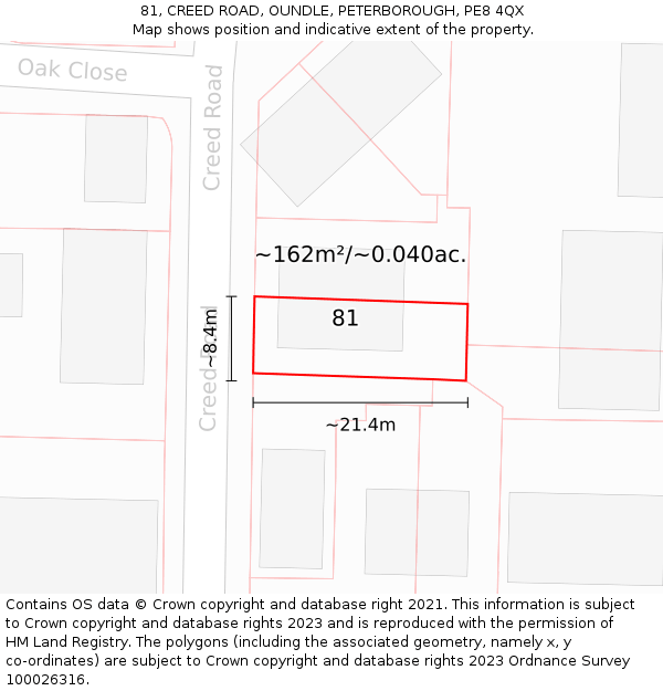 81, CREED ROAD, OUNDLE, PETERBOROUGH, PE8 4QX: Plot and title map