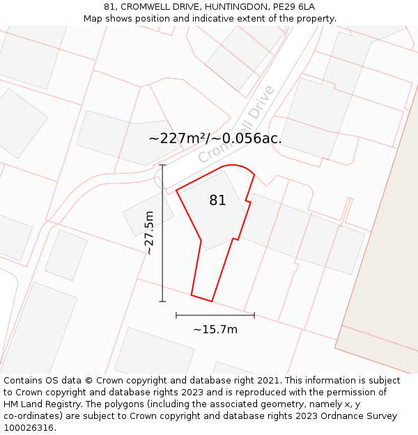 81, CROMWELL DRIVE, HUNTINGDON, PE29 6LA: Plot and title map