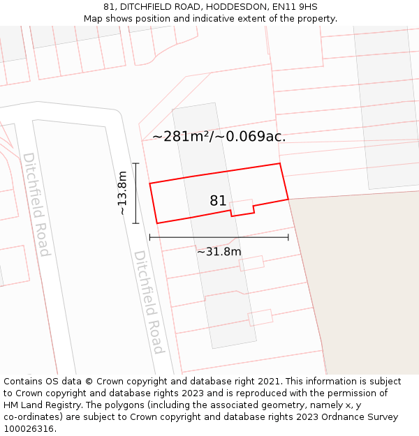 81, DITCHFIELD ROAD, HODDESDON, EN11 9HS: Plot and title map