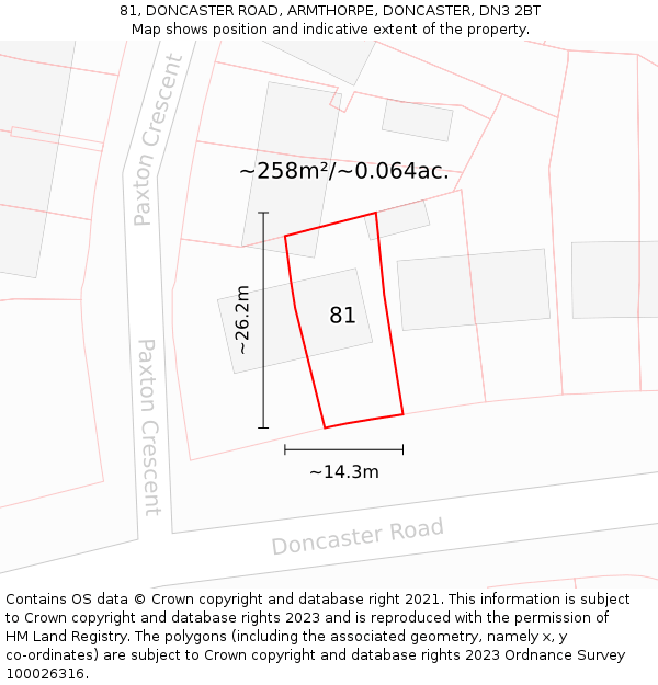 81, DONCASTER ROAD, ARMTHORPE, DONCASTER, DN3 2BT: Plot and title map
