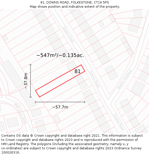 81, DOWNS ROAD, FOLKESTONE, CT19 5PS: Plot and title map