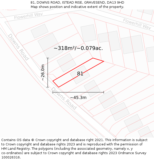81, DOWNS ROAD, ISTEAD RISE, GRAVESEND, DA13 9HD: Plot and title map