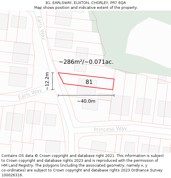 81, EARLSWAY, EUXTON, CHORLEY, PR7 6QA: Plot and title map