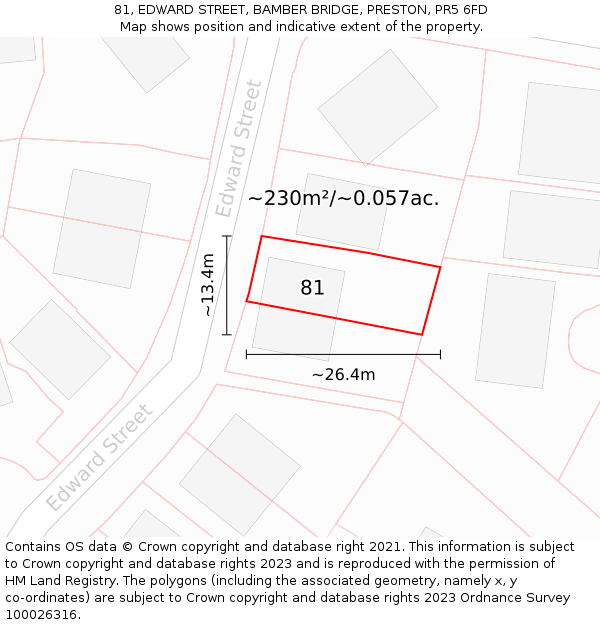 81, EDWARD STREET, BAMBER BRIDGE, PRESTON, PR5 6FD: Plot and title map
