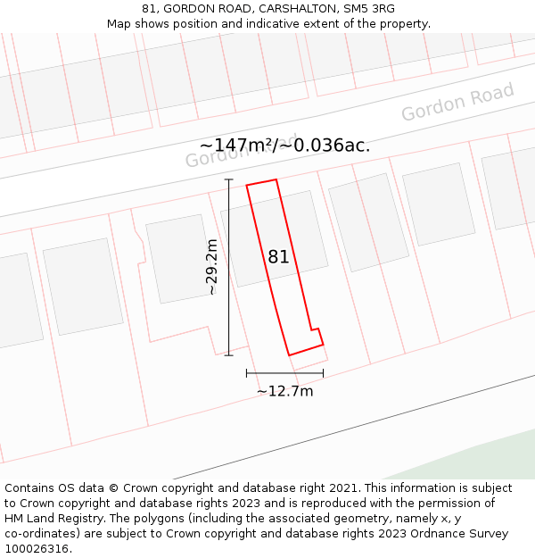81, GORDON ROAD, CARSHALTON, SM5 3RG: Plot and title map