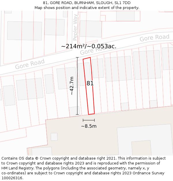 81, GORE ROAD, BURNHAM, SLOUGH, SL1 7DD: Plot and title map
