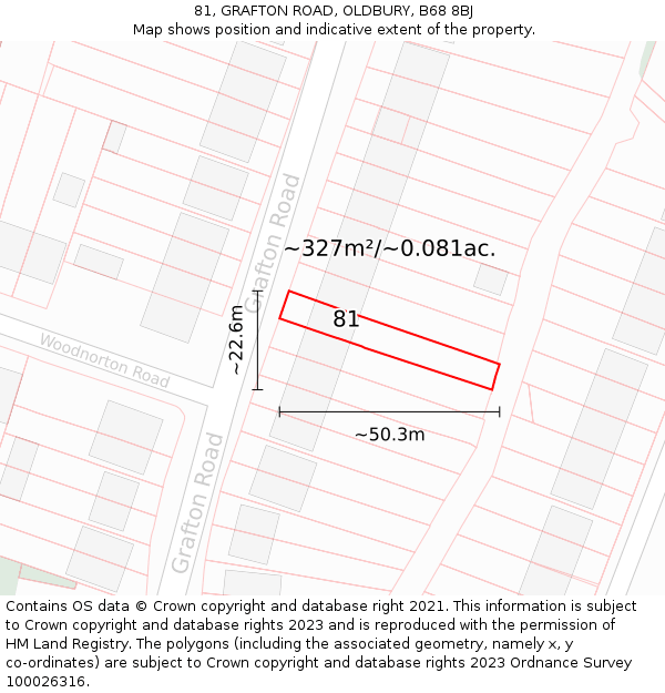 81, GRAFTON ROAD, OLDBURY, B68 8BJ: Plot and title map