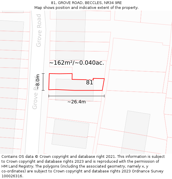 81, GROVE ROAD, BECCLES, NR34 9RE: Plot and title map