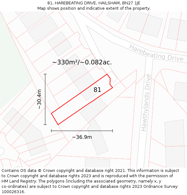 81, HAREBEATING DRIVE, HAILSHAM, BN27 1JE: Plot and title map