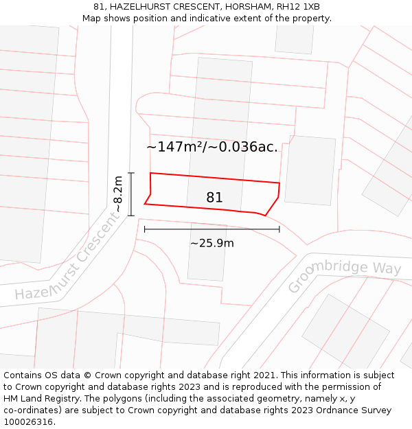 81, HAZELHURST CRESCENT, HORSHAM, RH12 1XB: Plot and title map