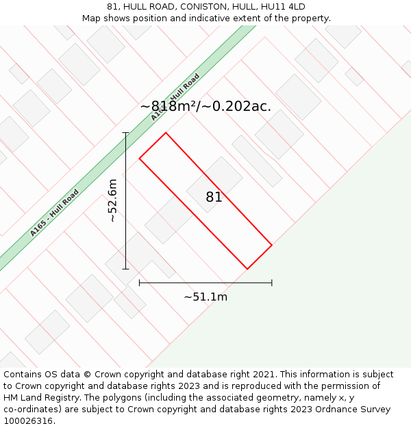 81, HULL ROAD, CONISTON, HULL, HU11 4LD: Plot and title map