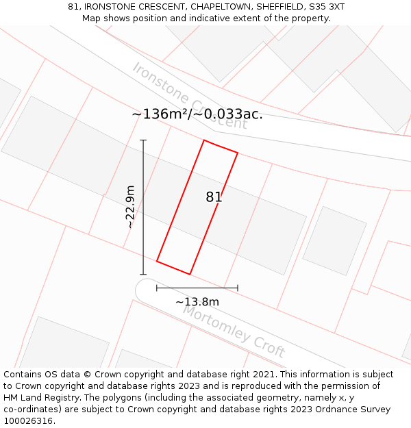 81, IRONSTONE CRESCENT, CHAPELTOWN, SHEFFIELD, S35 3XT: Plot and title map
