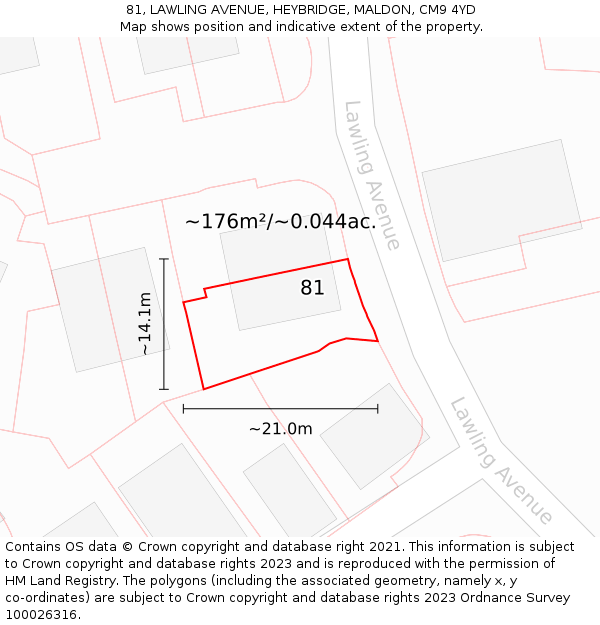 81, LAWLING AVENUE, HEYBRIDGE, MALDON, CM9 4YD: Plot and title map
