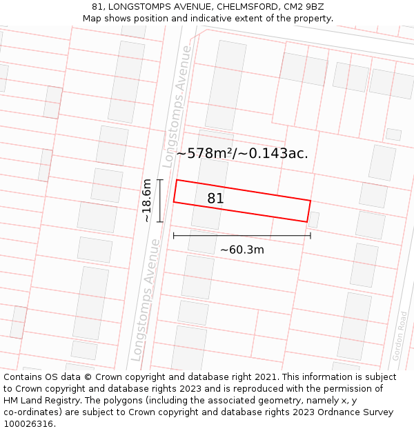 81, LONGSTOMPS AVENUE, CHELMSFORD, CM2 9BZ: Plot and title map
