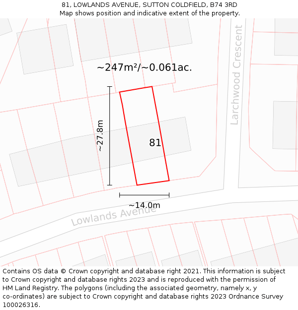 81, LOWLANDS AVENUE, SUTTON COLDFIELD, B74 3RD: Plot and title map