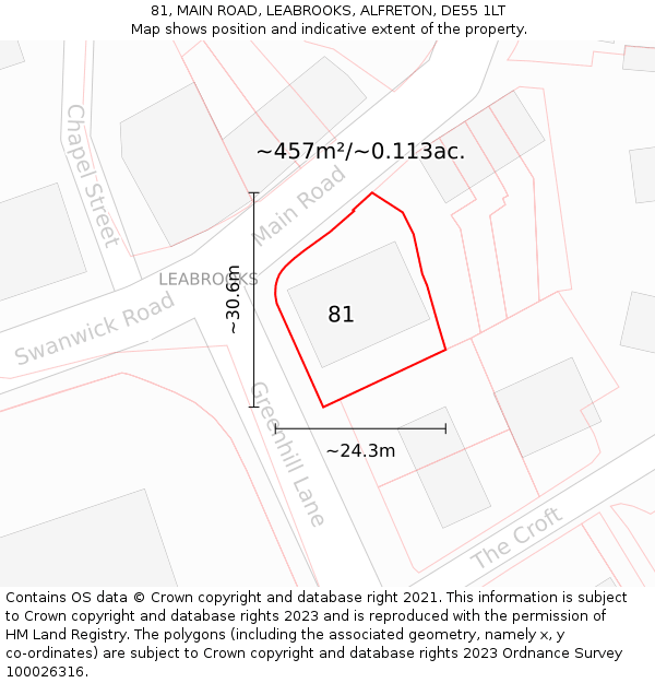 81, MAIN ROAD, LEABROOKS, ALFRETON, DE55 1LT: Plot and title map