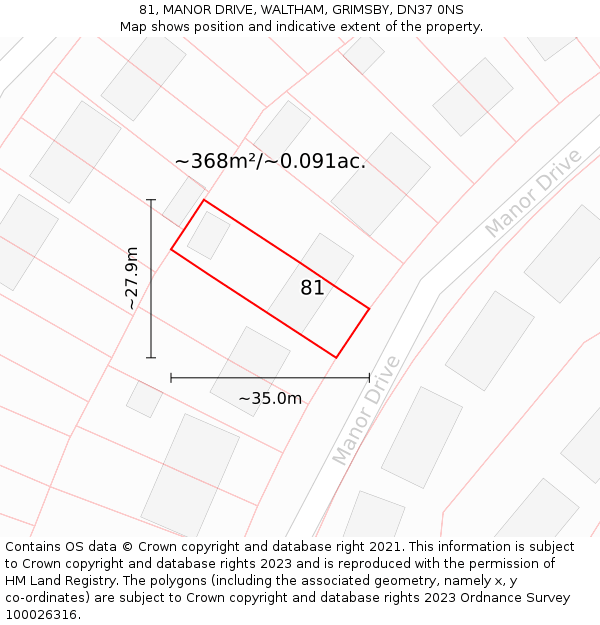 81, MANOR DRIVE, WALTHAM, GRIMSBY, DN37 0NS: Plot and title map