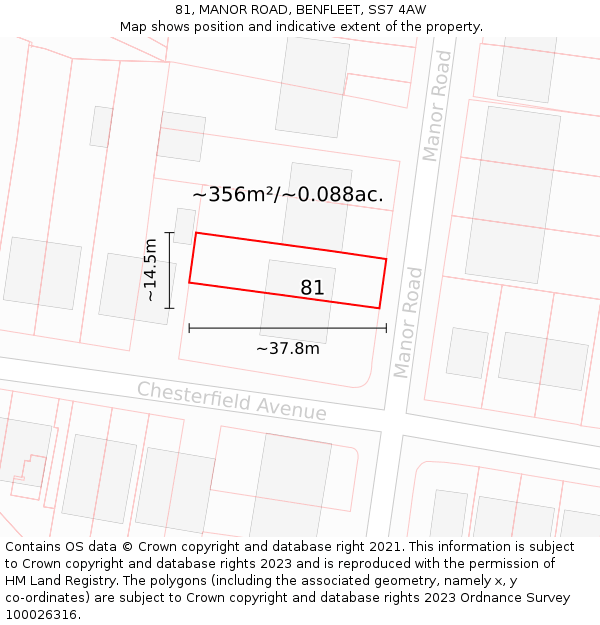 81, MANOR ROAD, BENFLEET, SS7 4AW: Plot and title map